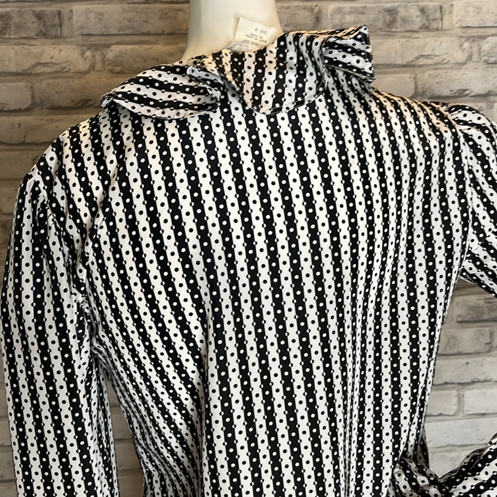 Evan Picone retro blouse black white polka dot stripe ruffle collar long sleeve - Picture 7 of 11